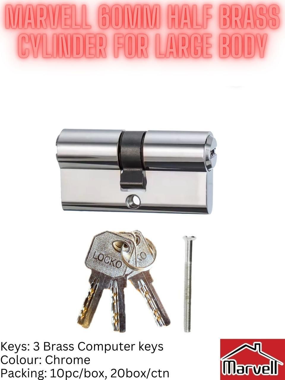Marvell 60mm Half Brass Cylinder with 3 Brass Computer Keys For Large Lock Body