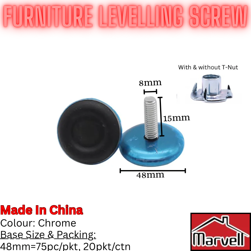 IuHeavy-Duty Furniture Levelling Screw Glide Feet (48mm Base, M8 x 15mm)– Chrome Leveler with T-Nut Option