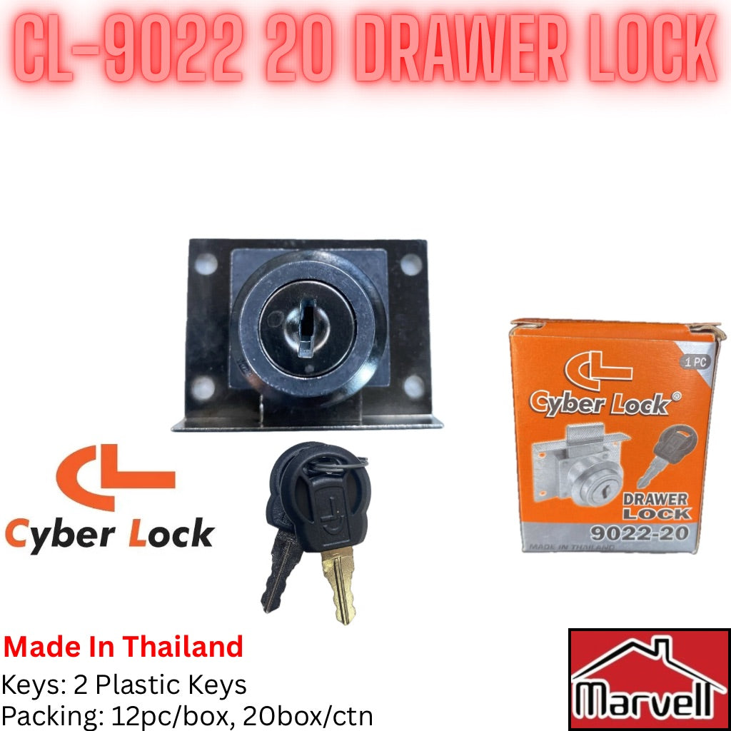 Cyber Lock CL-9022-20 drawer lock with plastic keys
Cabinet drawer lock with black plastic key head
Metal furniture lock with 2 plastic keys Thailand
Cyber Lock 9022-20 packaging and drawer lock
Heavy duty drawer lock with plastic grip keys