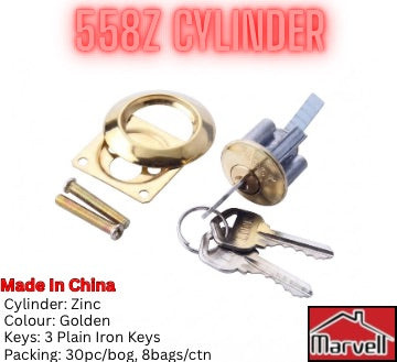 Golden 558Z zinc alloy rim lock cylinder replacement set with decorative collar, backplate, screws, and 3 iron keys.