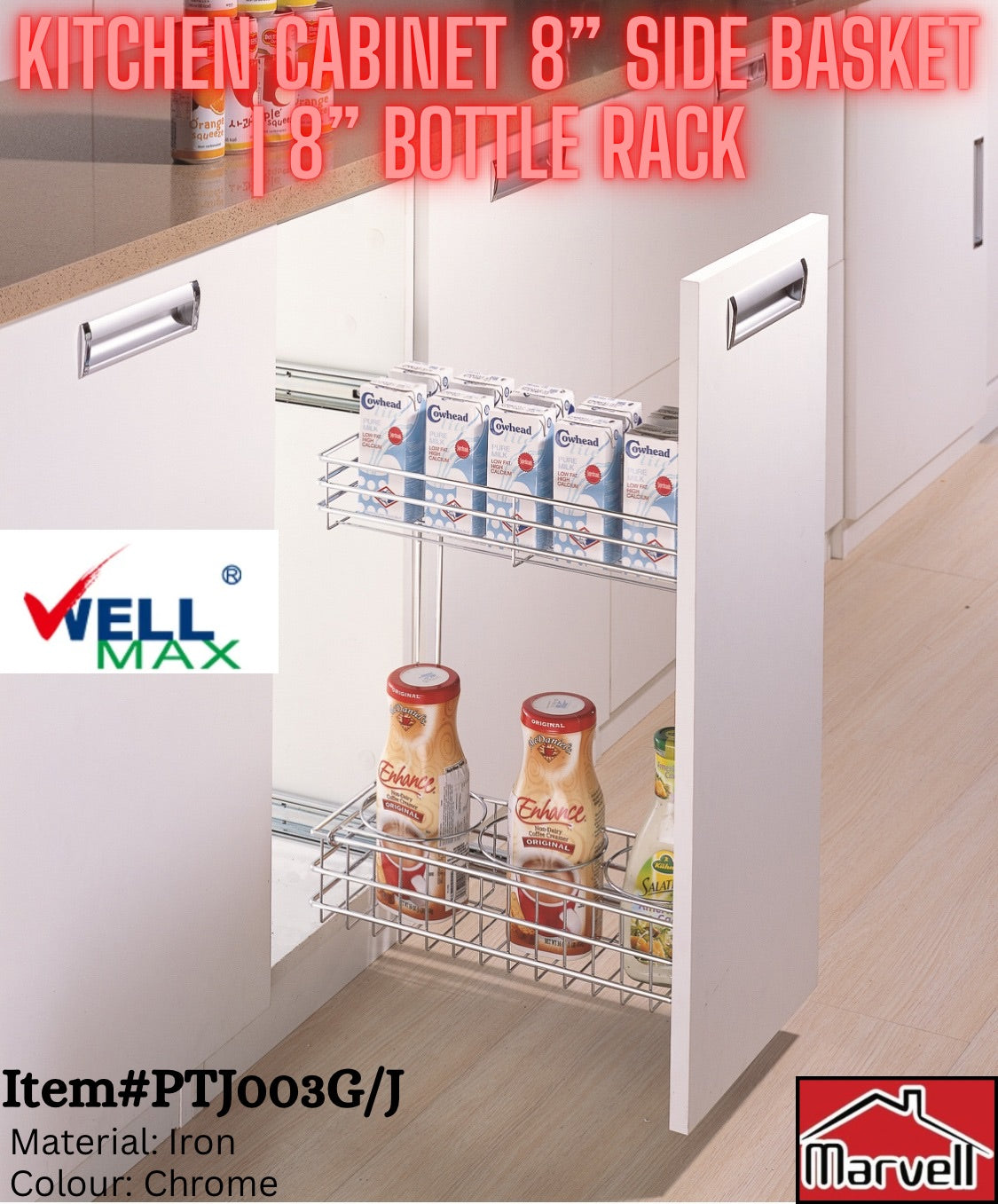 Wellmax Kitchen Cabinet 8” Side Basket | 8” Bottle Rack PTJ003G, PTJ003J