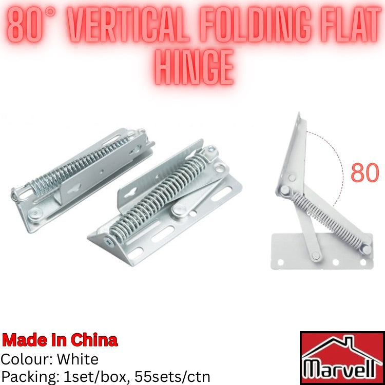 Two white metal vertical folding flat hinges with coiled springs, shown on a white background with red text reading '80° VERTICAL FOLDING FLAT HINGE' and additional product info including 'Made in China', 'Colour: White', and a 'Marvell' logo.
