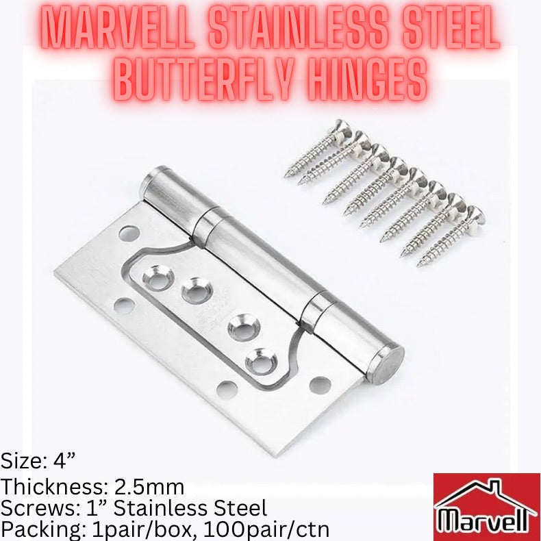 Marvell Stainless Steel 4” Butterfly Door Hinge SS Finish