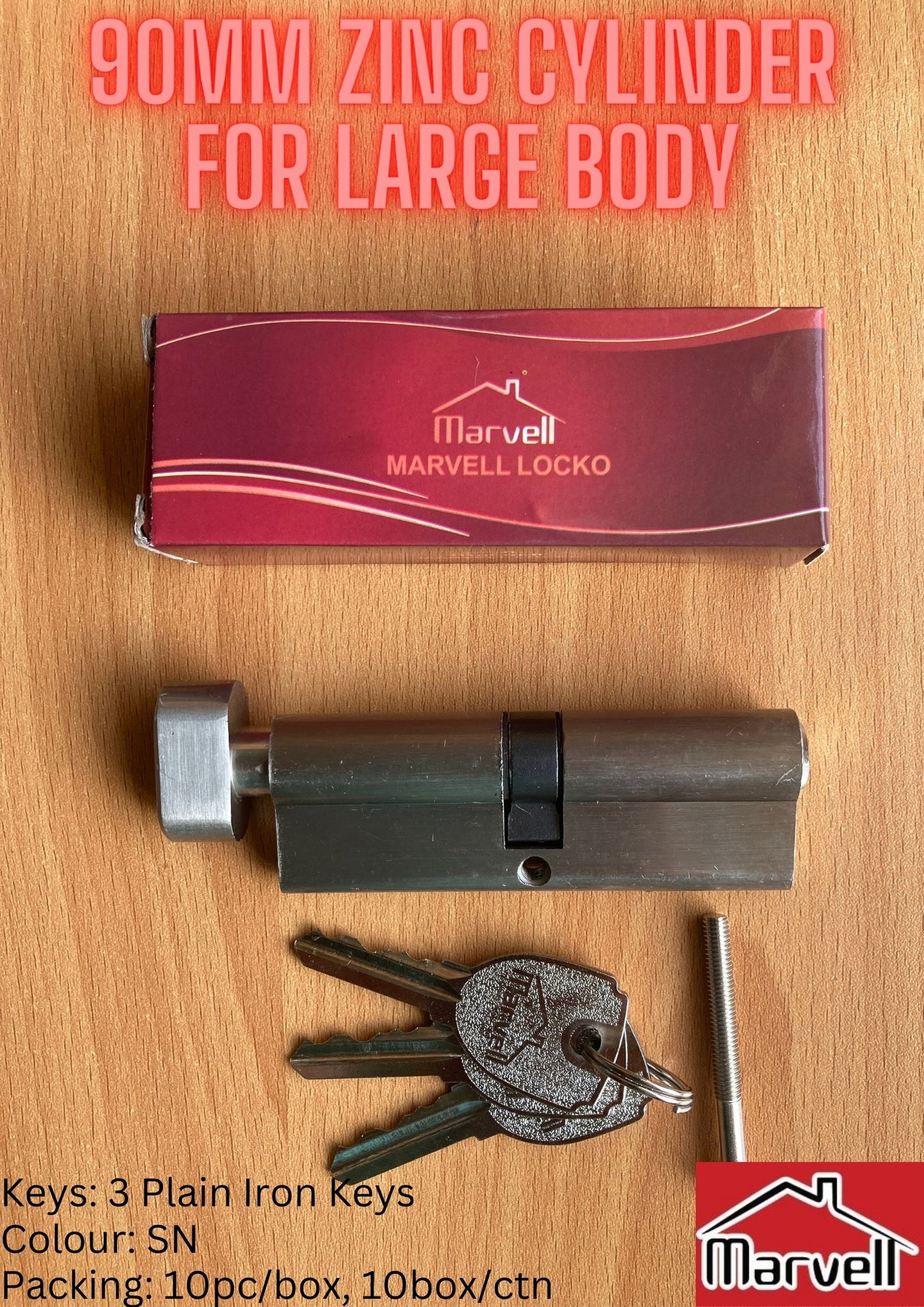 Marvell 90mm Zinc Alloy Cylinder With 3 Plain Iron Keys For Large Lock Body