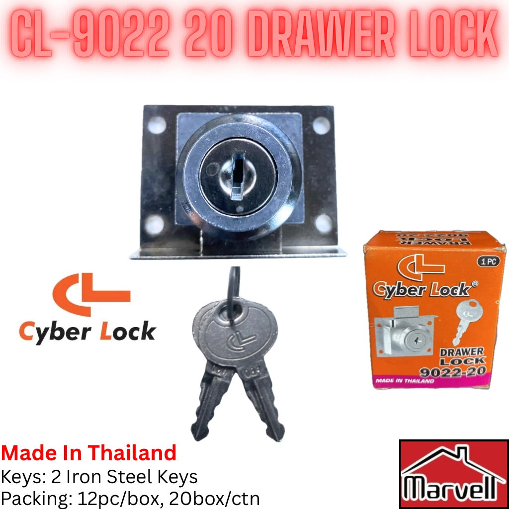Cyber Lock CL-9022-20 drawer lock with two keys
Metal cabinet drawer lock front view with keys
Heavy duty furniture lock made in Thailand
Cyber Lock drawer lock 9022-20 packaging and product
Steel drawer lock for cabinets and furniture