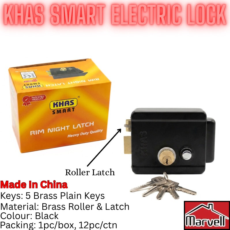 Khas Smart Rim Night Latch – Brass Roller & Latch, 5 Brass Keys | Black