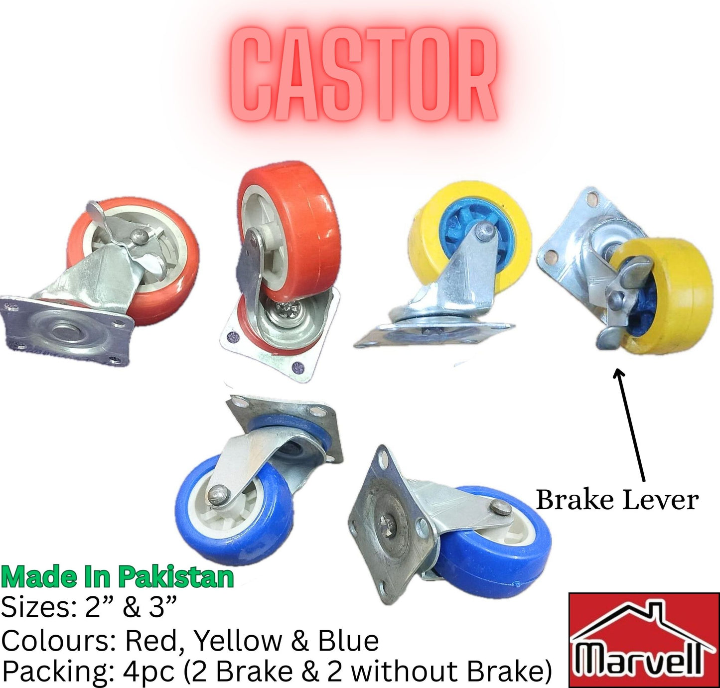 Heavy Duty Castor Wheel 2” & 3” – With & Without Brake | Red, Yellow, Blue | Made in Pakistan