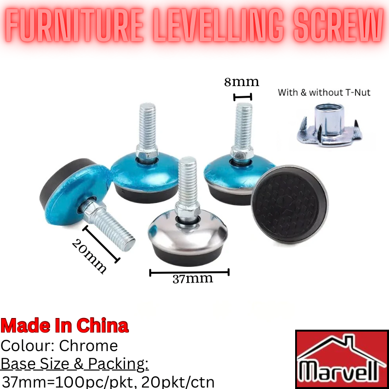 Adjustable Furniture Levelling Screw Glide Feet (37mm Base, M8 x 20mm – Chrome Finished Heavy Duty Leveler