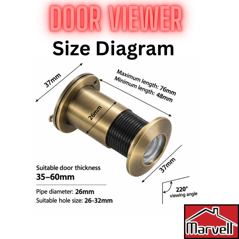 Marvell Door Viewer Peephole (Type #1) – 220° Wide Angle Lens with Privacy Cover (Antique Brass Finish)