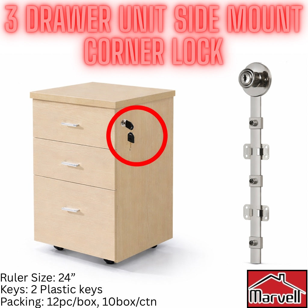 3 drawer unit side mount central lock 24 inch cabinet corner lock with 2 keys for office drawer cabinet security.