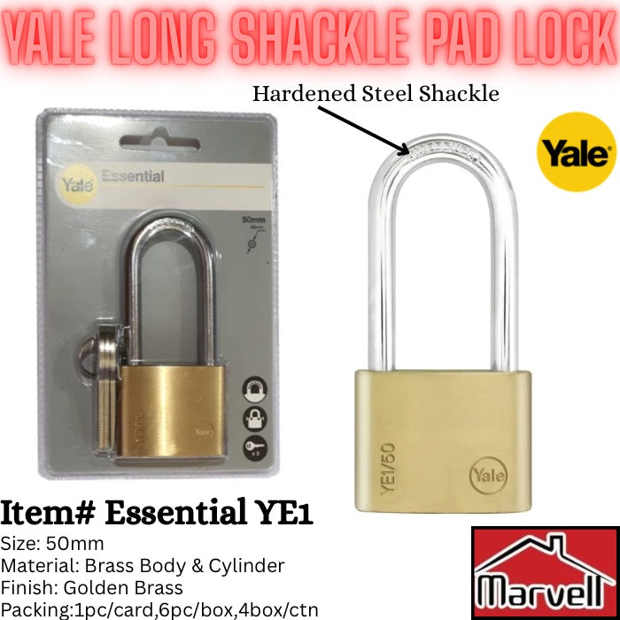 Original Yale Long Shackle Pad Lock Essential YE1 | 50mm | Italian Brand