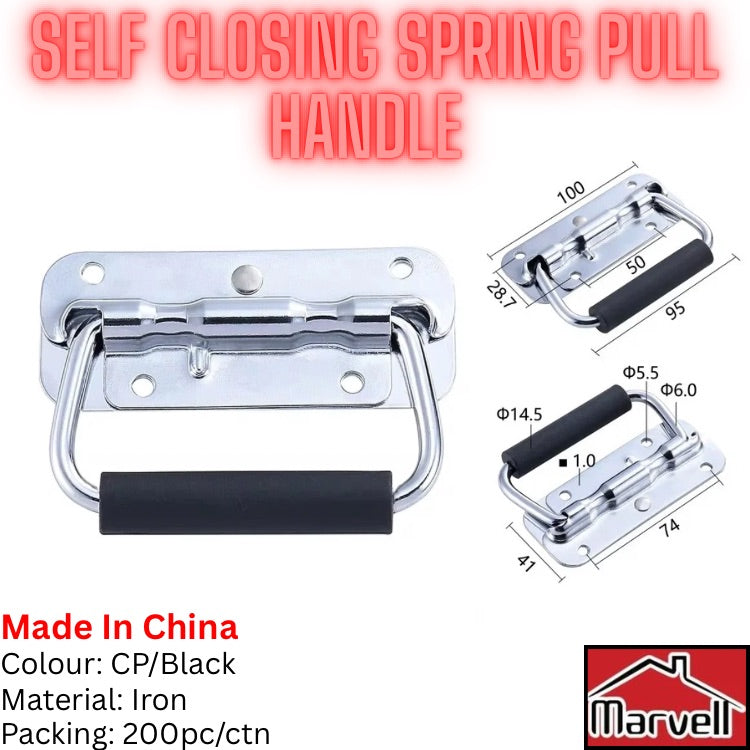 Self closing spring pull handle CP black iron folding handle for tool box cabinet and industrial cases