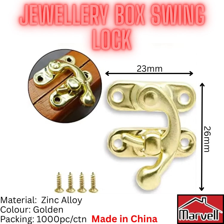 Golden zinc alloy jewellery box swing lock with screws, Marvell hardware mini latch for wooden boxes.