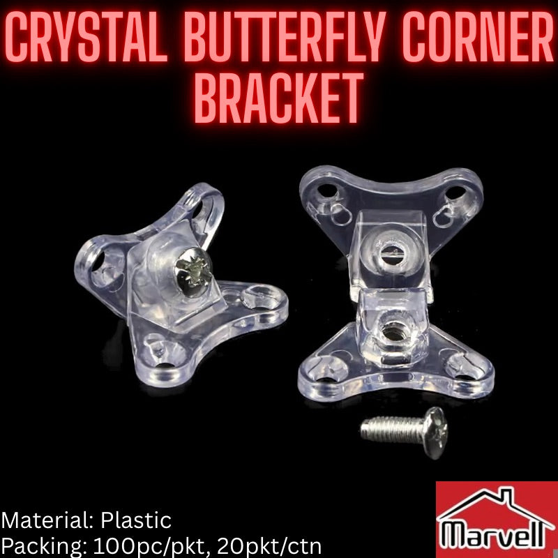 Transparent crystal butterfly-style plastic corner bracket with screw for cabinets and wardrobes.