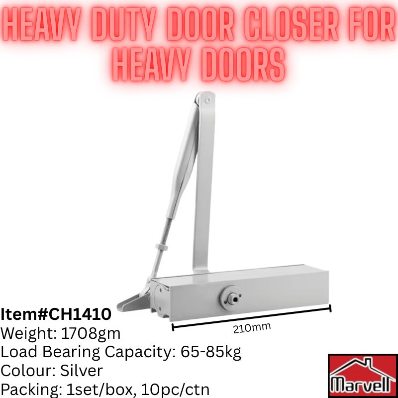 Silver heavy duty Marvell CH1410 door closer for 65–85kg heavy doors with 210mm body length.