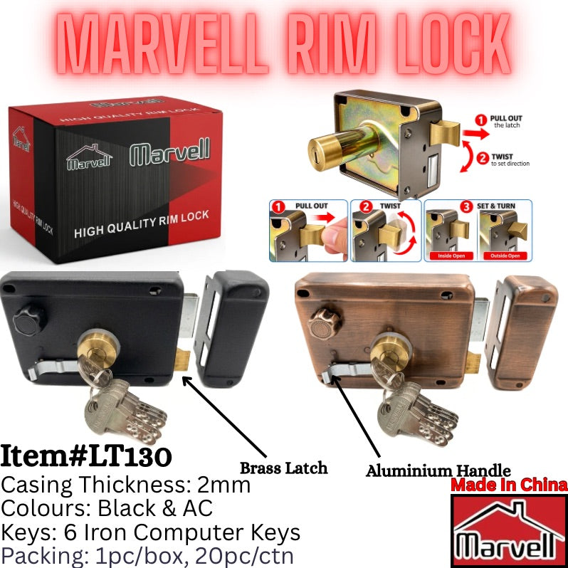 Marvell LT130 Rim Lock – Brass Latch, 6 Computer Keys | Black & Antique Copper