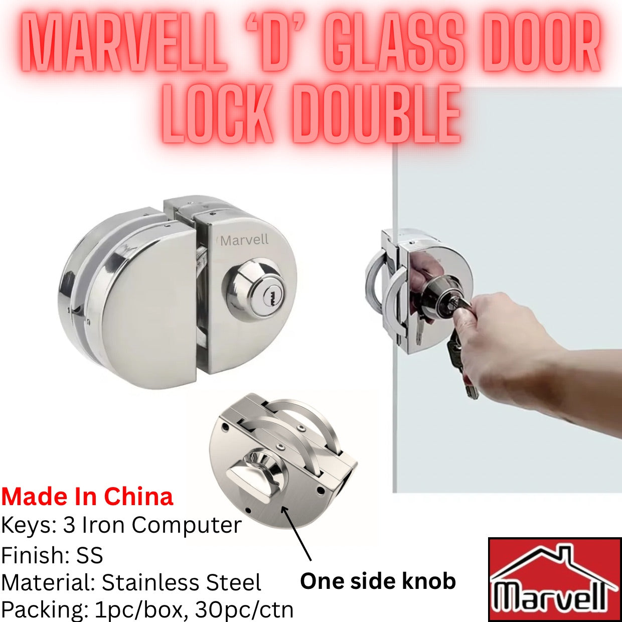 Marvell Stainless Steel D-Shaped Glass Door Lock Double