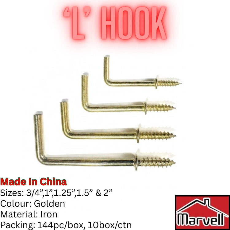 Brass-Plated Iron L Hook Screw-In Right Angle Wall Hooks (3/4" to 2")