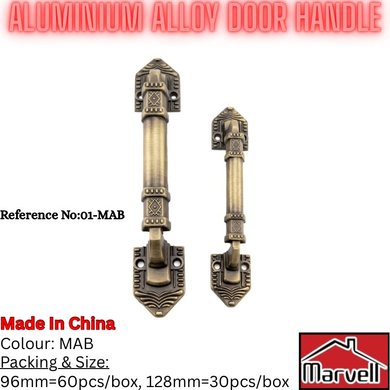 Two ornate vintage-style aluminium door handles in an antique brass finish, shown against a plain white background with product specifications and a Marvel brand logo.