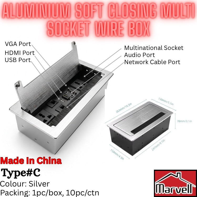 Aluminium Type C multi-socket wall box in silver, shown open with labeled ports (VGA, HDMI, USB, Multinational Socket, Audio Port, Network Cable Port) and a smaller closed view with dimensions. Text on image includes 'Aluminium Soft Closing Multi Socket Wire Box' and 'Made in China'.