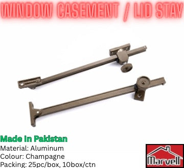 Two aluminum window casement or lid stay hardware pieces shown on a white background with text overlays reading 'WINDOW CASEMENT / LID STAY', 'Made in Pakistan', material/color details, and a Marvel logo.