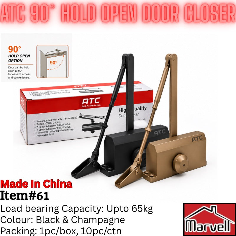 ATC 90° Hold Open Door Closer shown with its retail box, featuring two hardware units: one black and one champagne gold/bronze. The image includes text overlays detailing product features, specifications, and a 'Made in China' note, along with the 'Marvell' brand logo.