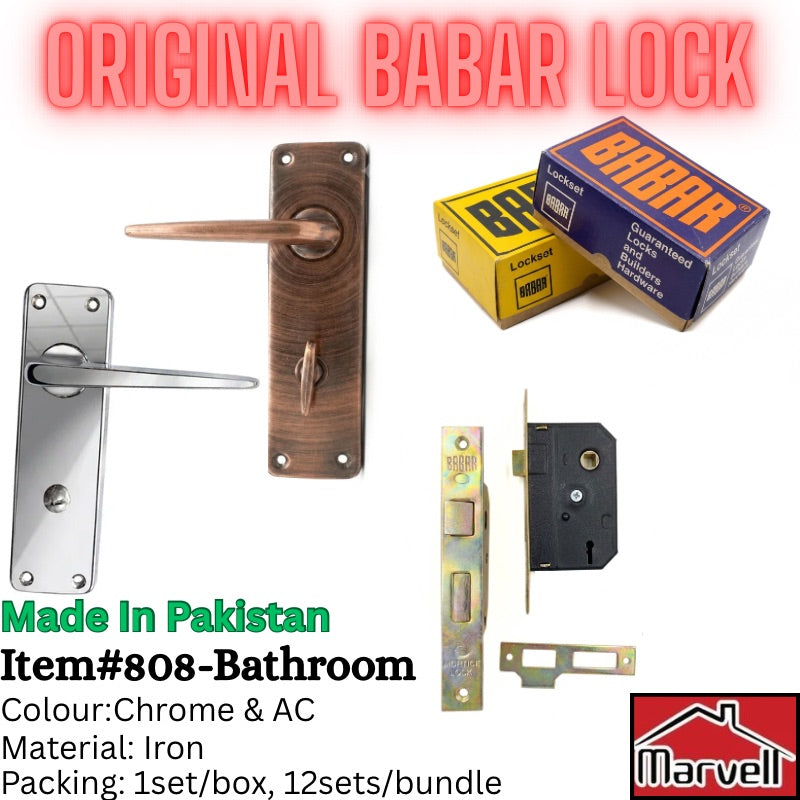 Bathroom latch set shown on a white background with text overlays. The image features a chrome lever handle, a bronze lever handle, the lock mechanism, mounting brackets, and two boxes of Babar brand locks.