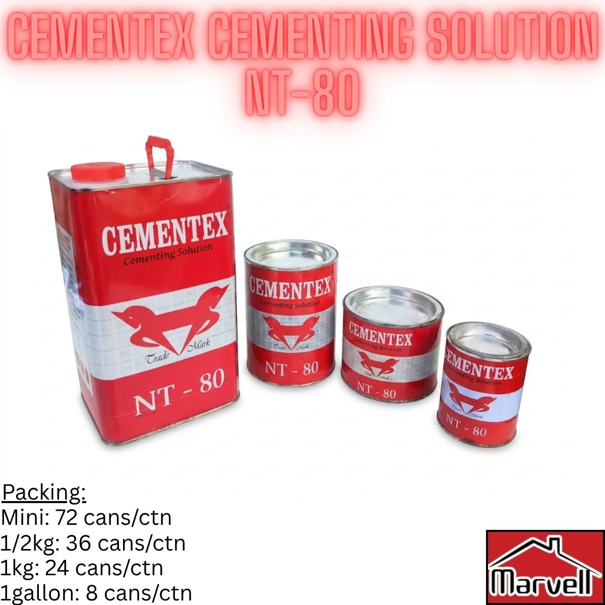 Cementtex Cementing Solution NT-80 product packaging showing a large red and white metal canister alongside three smaller matching cans on a white background, with text detailing packing quantities and a Marvel logo in the corner.