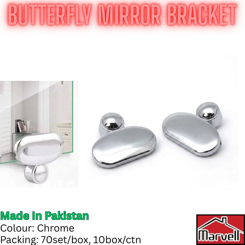 Chrome butterfly mirror bracket hardware shown on a white background, with a small inset photo of the bracket mounted on a mirror in a bathroom setting. Text at the top reads 'BUTTERFLY MIRROR BRACKET,' and additional text at the bottom says 'Made in Pakistan,' 'Colour: Chrome,' and 'Packing: 70set/box, 10box/ctn.