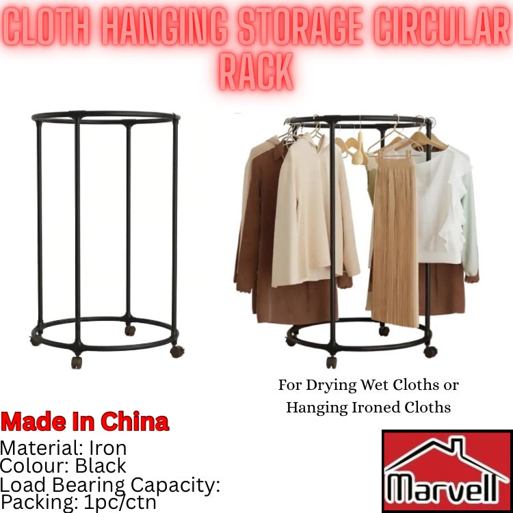 Black circular hanging rack on wheels with text overlays, showing the empty rack on the left and the rack with clothes on the right. Includes text 'CLOTH HANGING STORAGE CIRCULAR RACK' and 'Made In China' with a 'Marvell' logo.