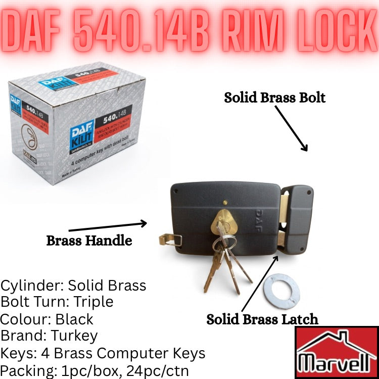 DAF 540.14B Rim Lock cylinder lockset shown with its branded box, labeled callouts for solid brass bolt, brass handle, and solid brass latch, plus key and lock washer on a white background.