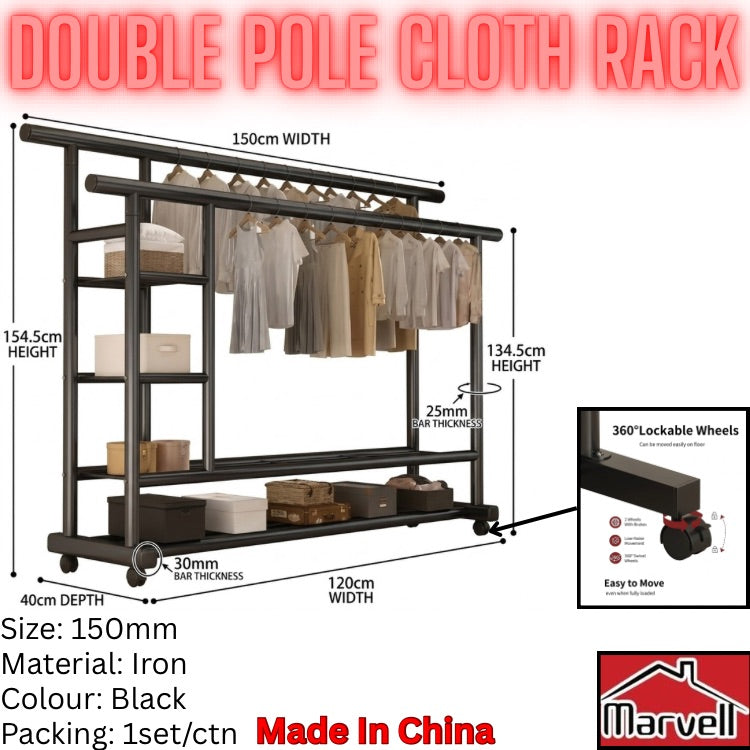Black double pole cloth rack with shelves and hanging rods, shown with dimension labels, wheels, and product details on a white background. Includes text such as 'DOUBLE POLE CLOTH RACK' and 'Made in China', plus a Marvel logo.