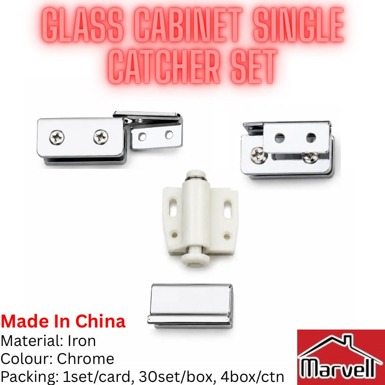 Glass Cabinet Single Catcher Set in chrome finish with hinge and glass door clamps for single glass cabinet door