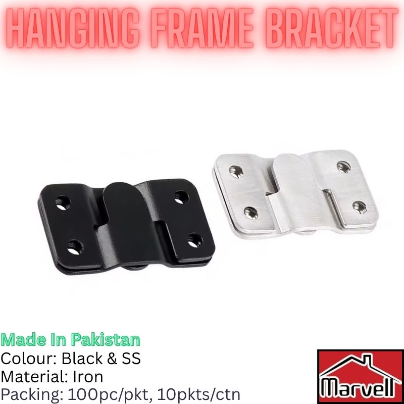 Two metal hanging frame brackets shown on a white background: one black and one silver stainless steel. Large red text at the top reads 'HANGING FRAME BRACKET,' with additional text at the bottom stating 'Made in Pakistan,' 'Colour: Black & SS,' 'Material: Iron,' and 'Packing: 100pc/pkt, 10pkts/ctn.