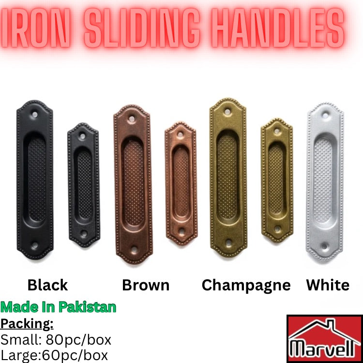 Six iron sliding drawer handles in different finishes are shown on a white background, labeled Black, Brown, Champagne, and White. Large red text at the top reads 'IRON SLIDING HANDLES,' and green text at the bottom says 'Made in Pakistan' with packing quantities.