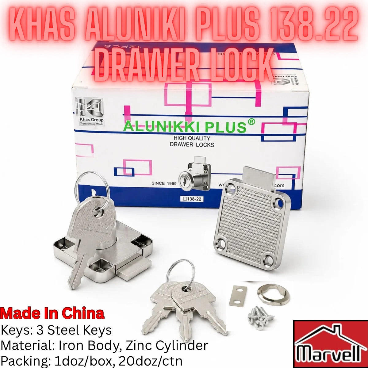 Alunikki Plus 138.22 drawer lock set with three steel keys, a zinc cylinder, mounting hardware, and the branded retail box on a white background.