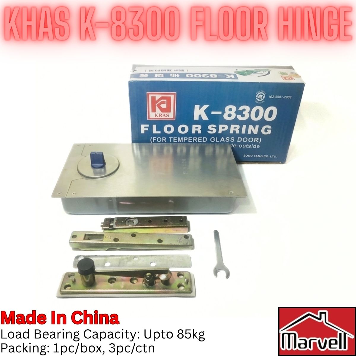 Khas K-8300 floor hinge spring set with its blue retail box, shown on a white background with text overlays detailing specifications and a Marvel brand logo.
