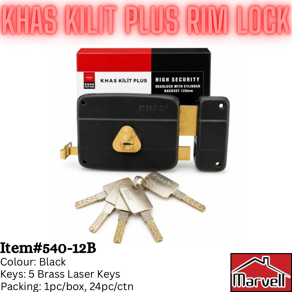 Khas Kilit Plus Rim Lock security lock in black with brass keys and its red and black retail box, shown on a white background with text overlays.