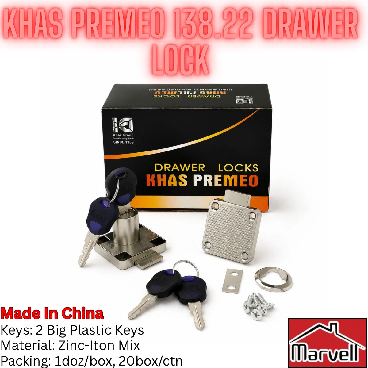 Khas Premed 138.22 drawer lock set with two metal lock cylinders, two plastic keys with black handles, mounting hardware, and the product box on a white background with text overlays.