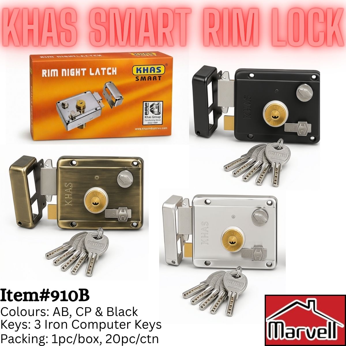 KHAS Smart Rim Lock shown in multiple finish options (AB, CP, and Black) with their keys and packaging box, presented on a white background with promotional text overlays.