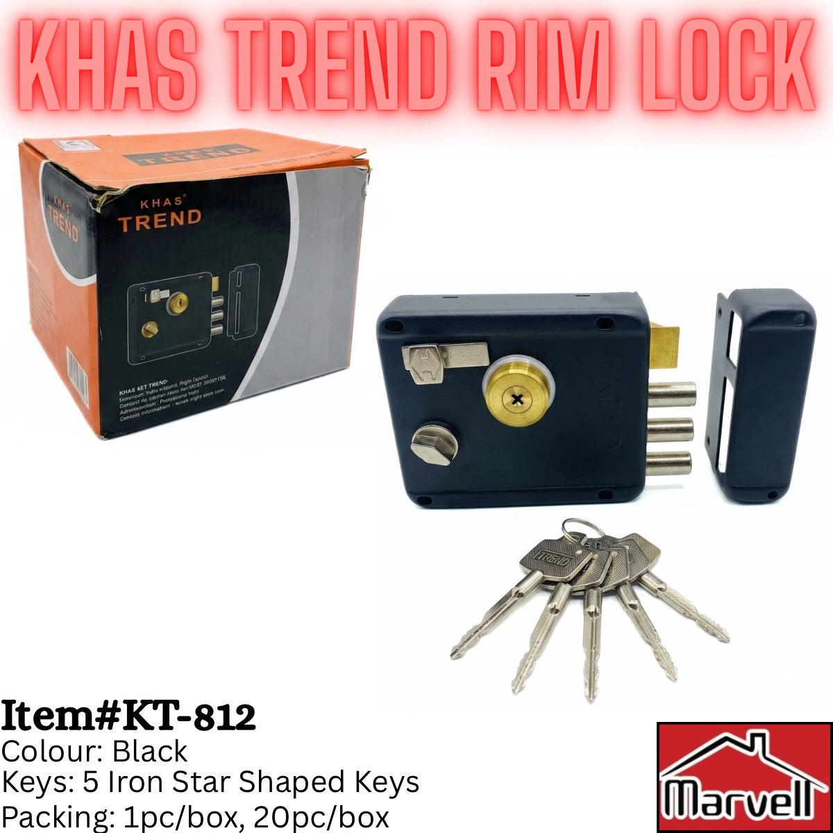 Khas Trend Rim Lock in black with a gold key cylinder, shown with its orange and black retail box, five iron star shaped keys, and a black magnetic lock cover on a white background with text overlays.