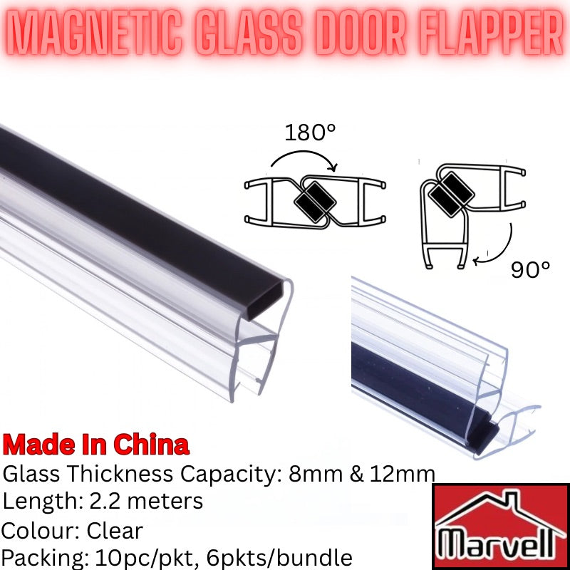 Magnetic glass door flapper seal profile shown on a white background with technical diagrams indicating 180-degree and 90-degree operation, plus product specs text and a Marvell logo.