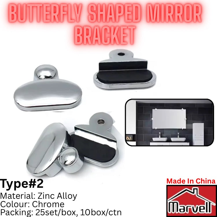 Chrome butterfly shaped zinc alloy mirror bracket for secure wall mounting of bathroom and decorative mirrors