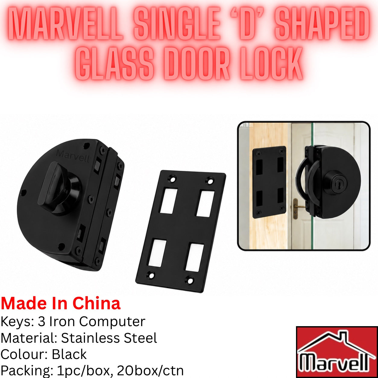 Marvell single D-shaped glass door lock in black, shown with the lock body, mounting plate, and an inset demonstration on a glass door. Text lists key specifications including 'Made in China', keys, material, color, and packing details.