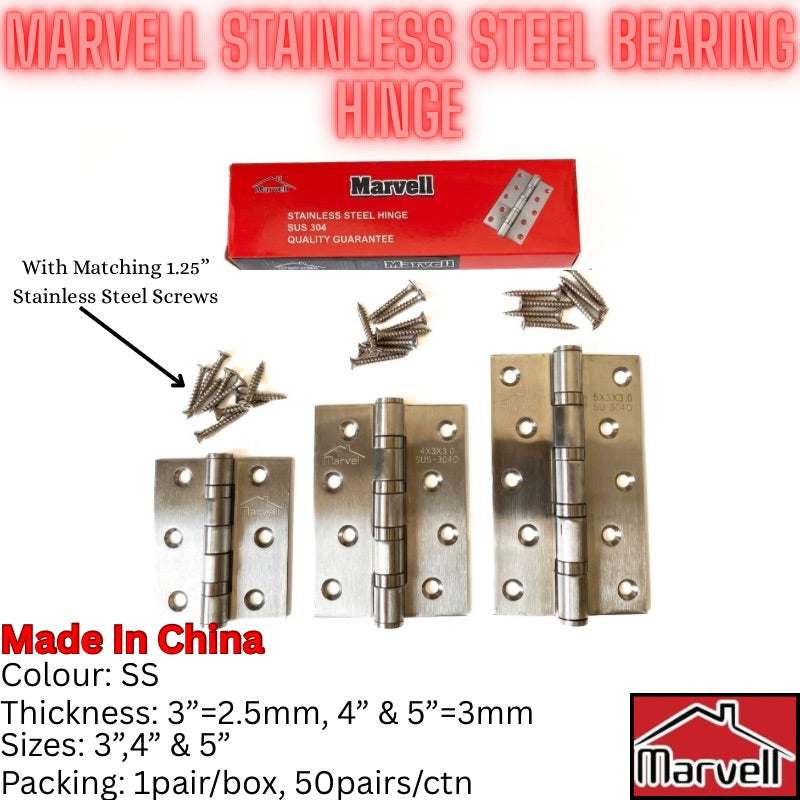 Three Marvell stainless steel hinge pins with their red retail box and matching stainless steel screws on a white background, with text overlays detailing product specifications.