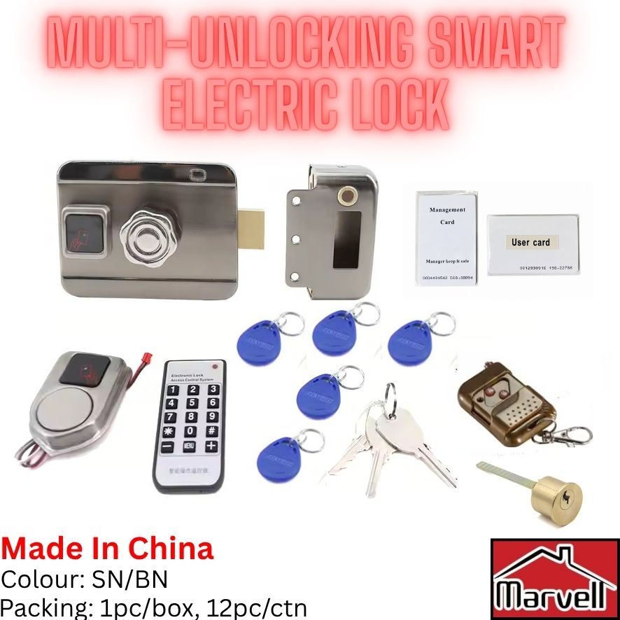Multi unlocking smart electric lock with RFID cards remote control and key access system