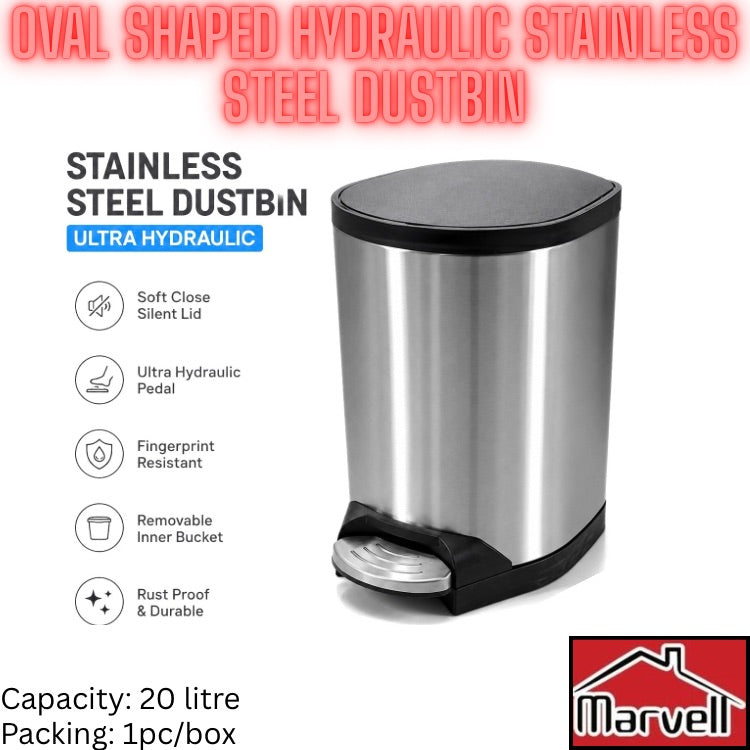 An oval-shaped stainless steel hydraulic dustbin with a black lid and base, shown on a white background with product features listed on the left and a Marvell logo in the bottom right corner.