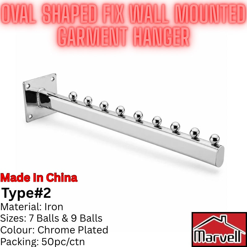 Oval wall-mounted garment hanger bar in polished chrome, shown on a white background with red and black text detailing product features and a Marvell logo.