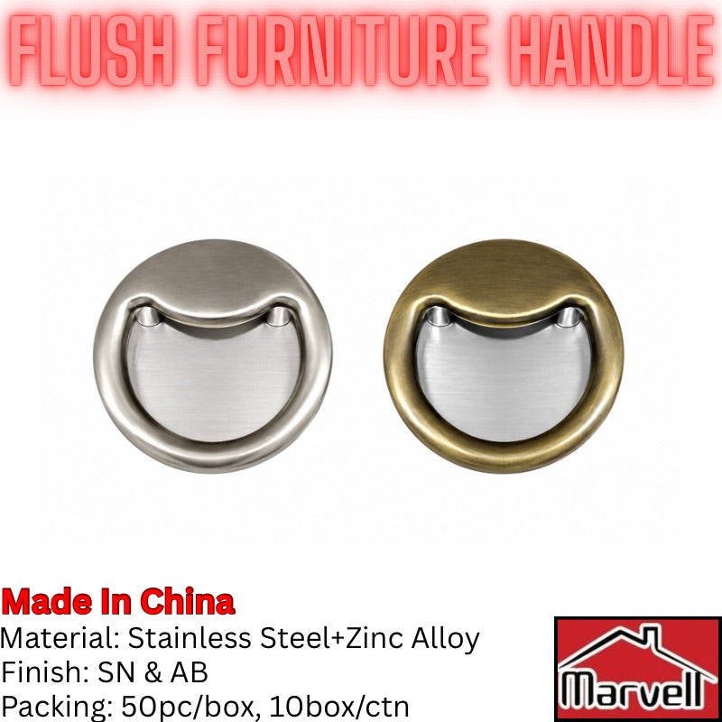 Two flush furniture handles shown on a white background, one in brushed silver and one in brushed brass, with text reading 'FLUSH FURNITURE HANDLE' and product details below. A Marvell logo appears in the bottom right corner.