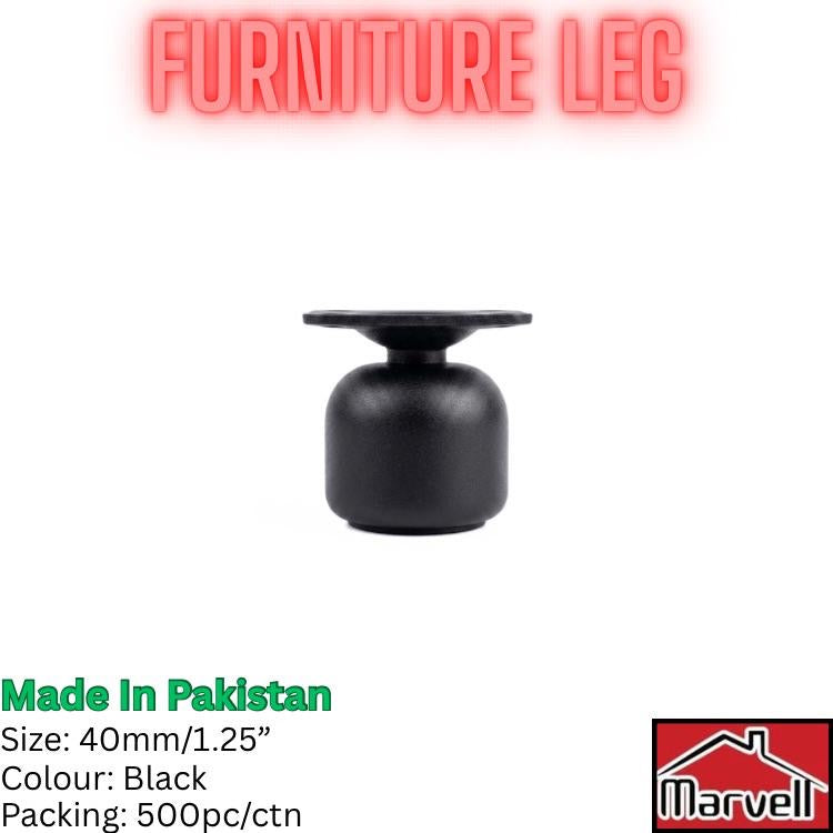 A single black cylindrical furniture leg with a flat circular top, shown on a white background with promotional text reading 'FURNITURE LEG' and product details including 'Made in Pakistan', 'Size: 40mm/1.25"', 'Colour: Black', and 'Packing: 500pc/ctn'.